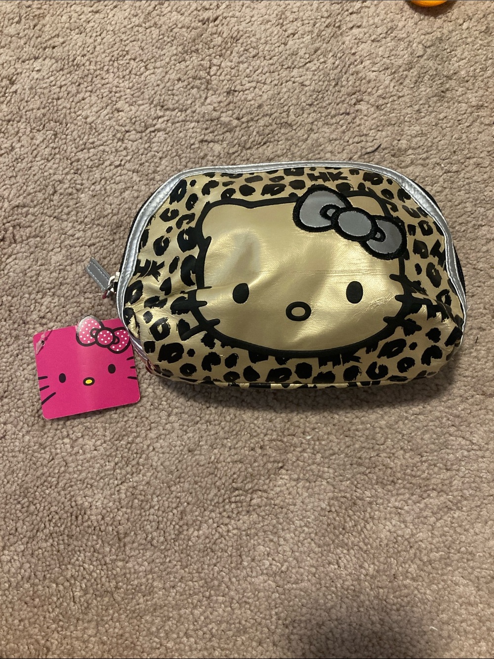Hello Kitty Gold Leopard Print Cosmetic Pouch with Silver Trim